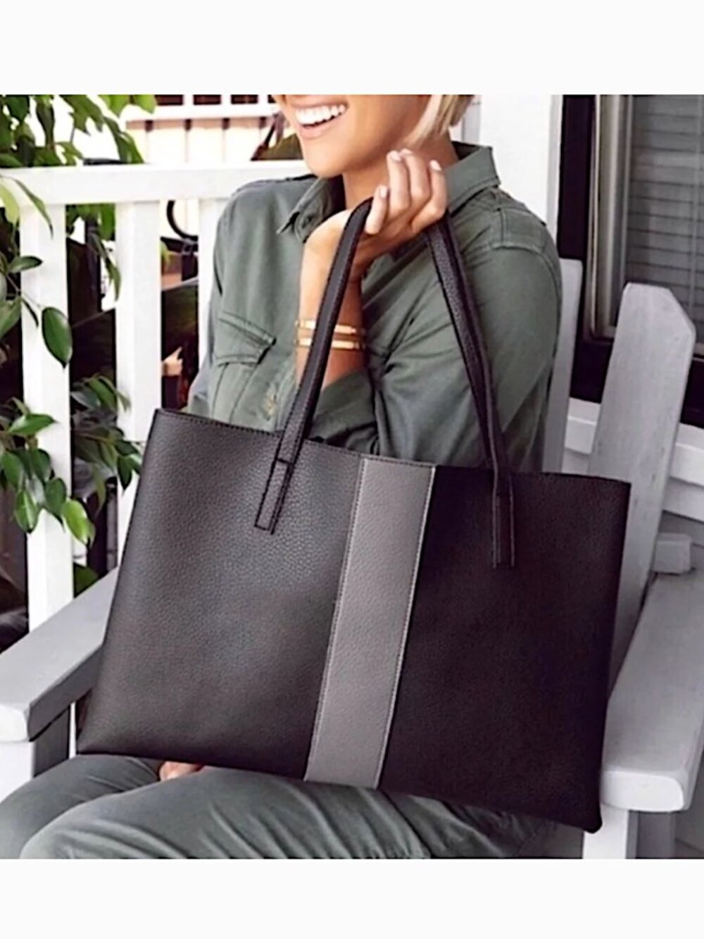 VINCE CAMUTO Luck Vegan Pebbled Leather Tote Bag w/Colorblock Stripe